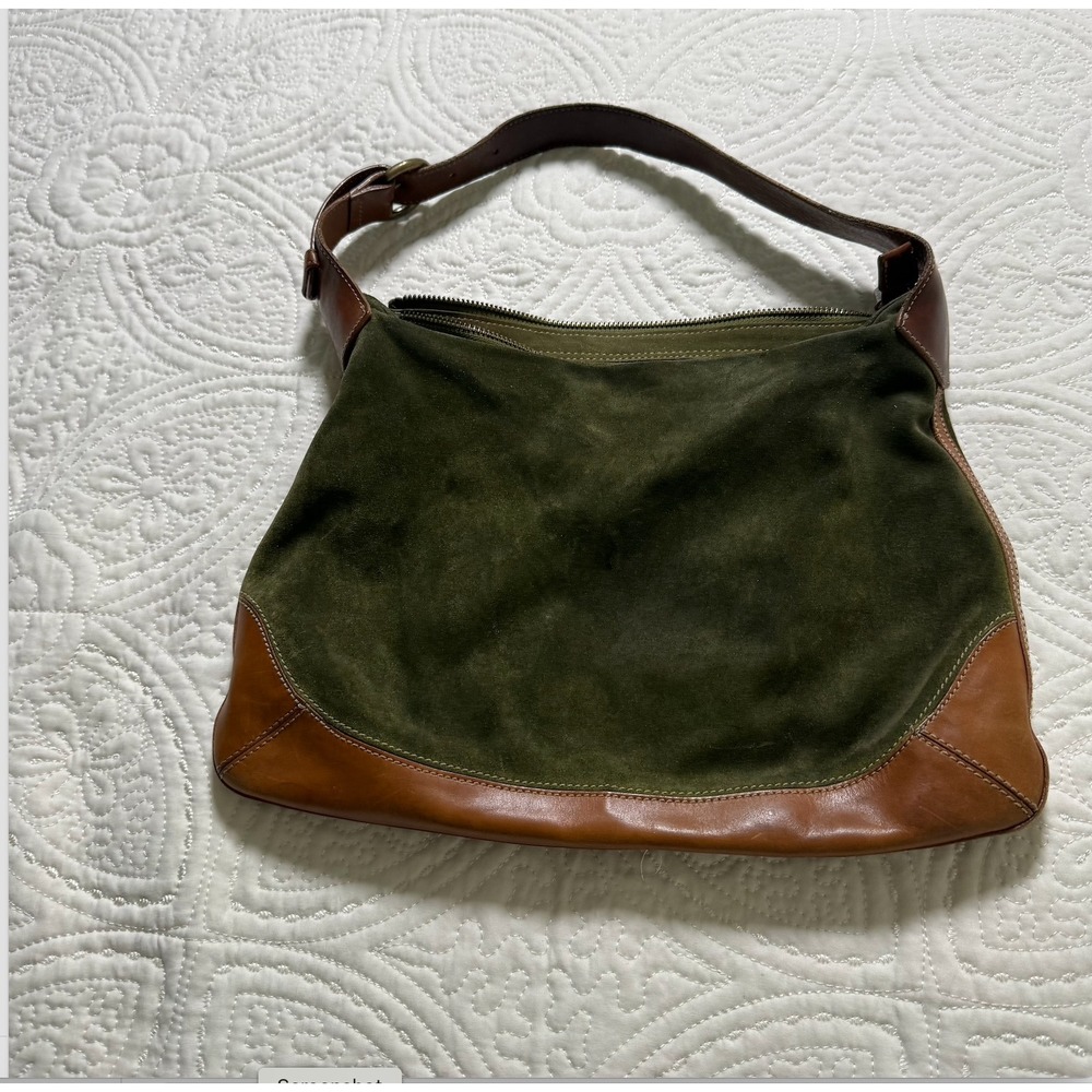 J Crew Hobo boho Bag Womens Large Green Suede Brown Leather Shoulder Bag - Picture 8 of 8